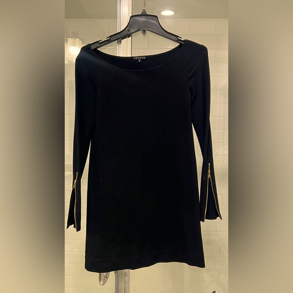 Black fitted Theory dress with zipper sleeves